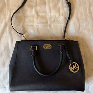 Michael Kors Kellen Medium Black Leather Satchel with Gold Accents
